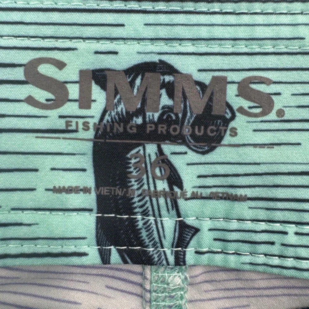 Simms Fishing Products Mens 36 Teal Tarpon Print Board Shorts Swim Trunks Pocket